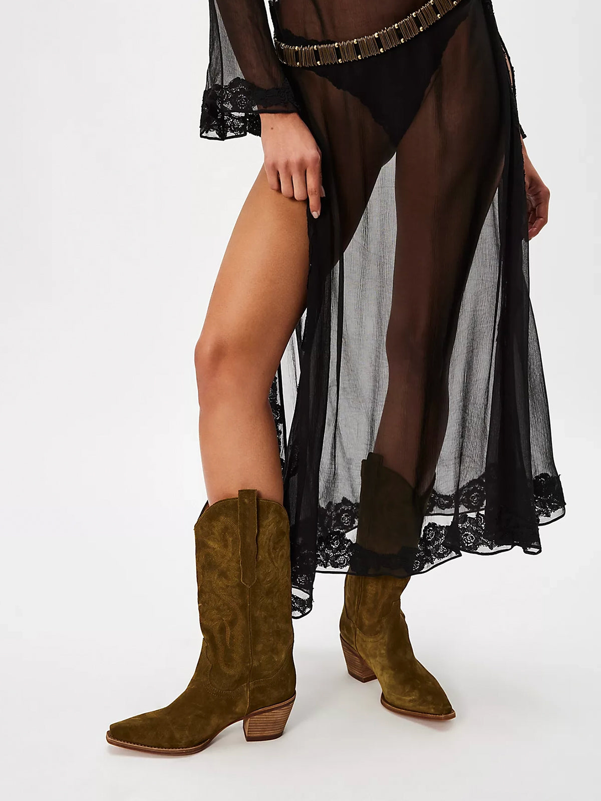 Faux Suede Snip-Toe Classic Embroidery Wide Calf Knee High Cowgirl Boots - Khaki