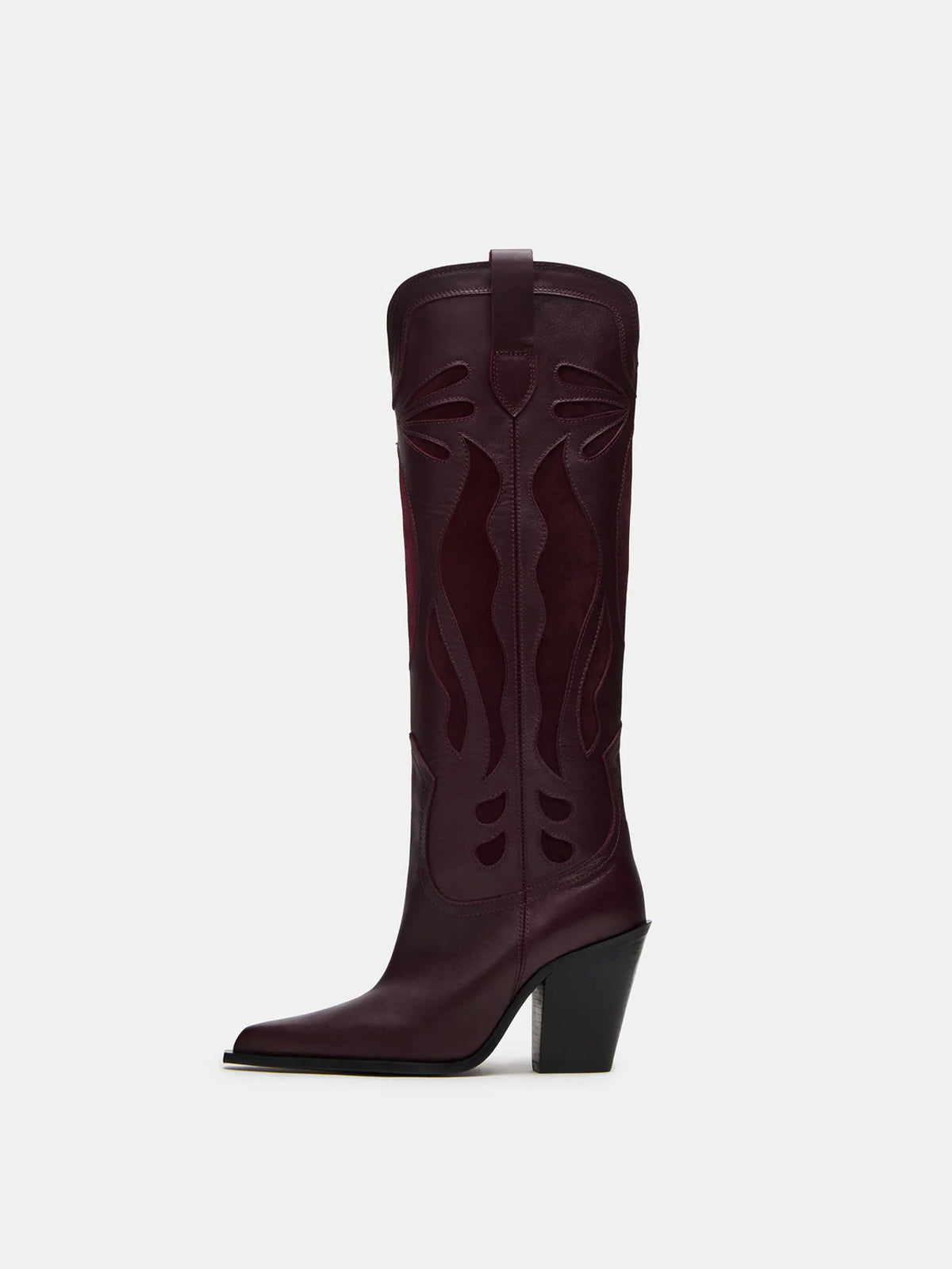 Wine Red Pointed-Toe Inlays Knee High Tall Wide Calf Cowgirl Boots