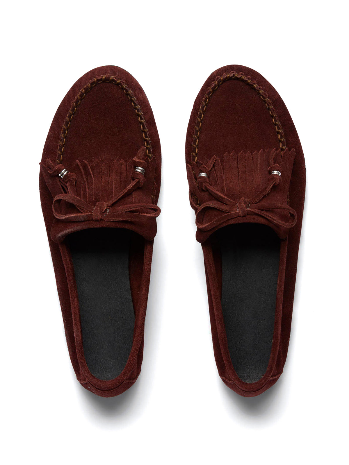 Burgundy Cow Suede Round-Toe Front Fringe And Bow Loafers Flats