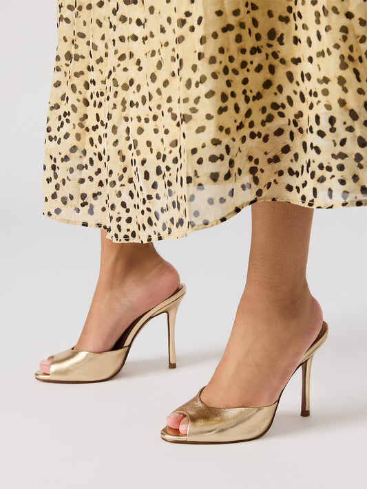 Gold Metallic Round-Toe Backless High Heels