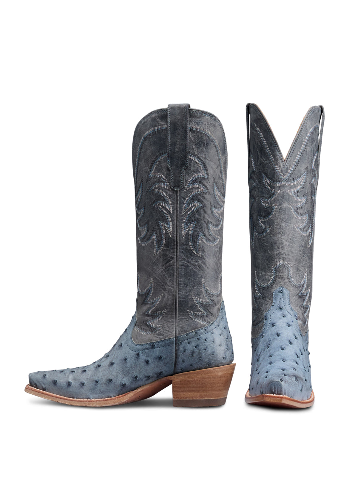 Contrast Dark Gray And Gray Blue Ostrich Pattern Snip-Toe Embroidery Mid Calf Cowgirl Boots