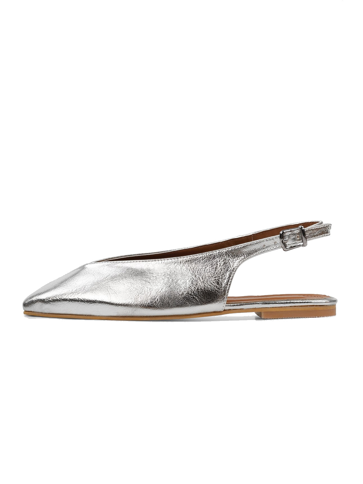 Metallic Silver Square-Toe Classic Buckle Back Strap Slip-On Flats