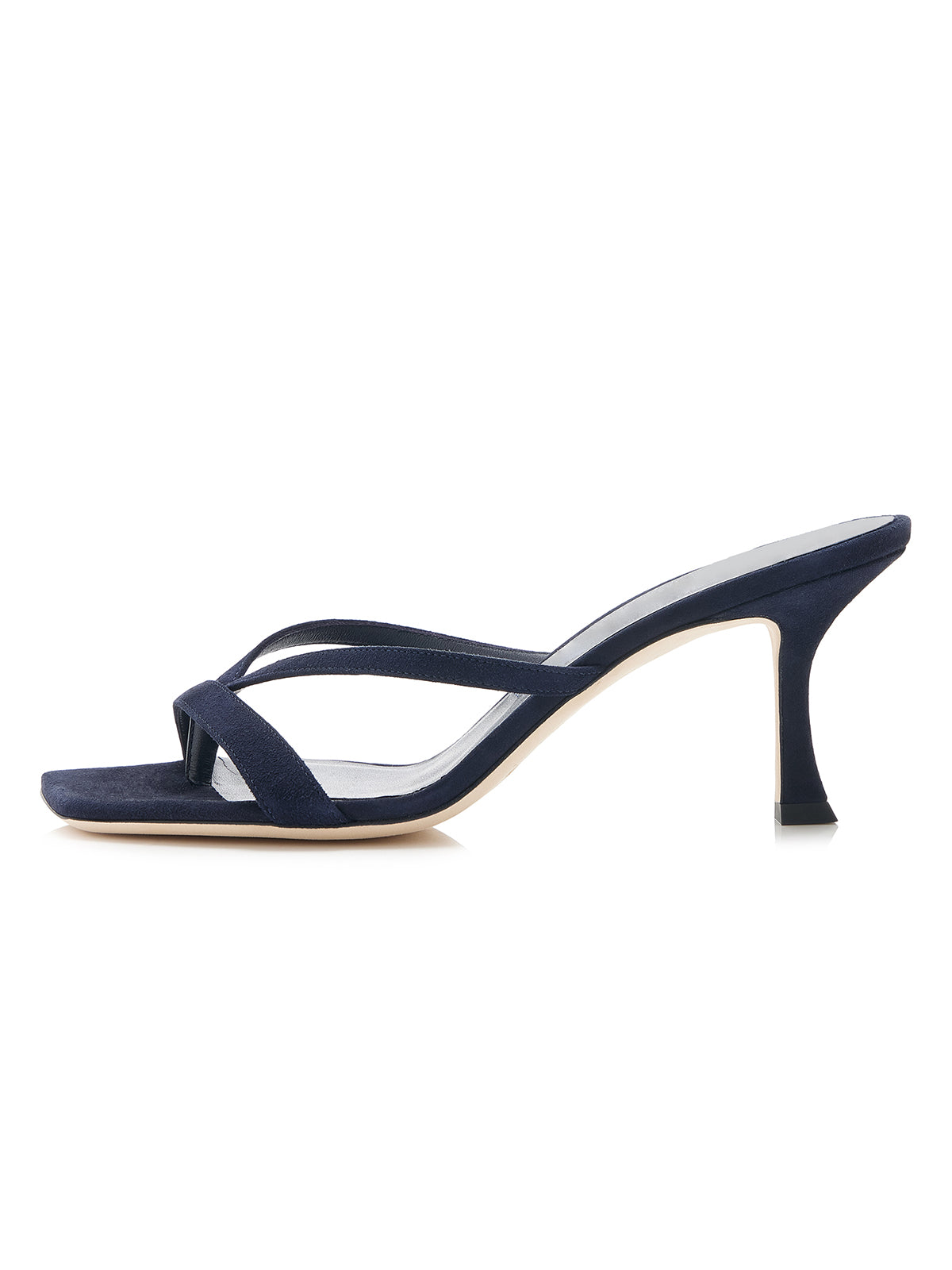 Navy Faux Suede Strappy Square-Toe Backless Slip-On Kitten Heels