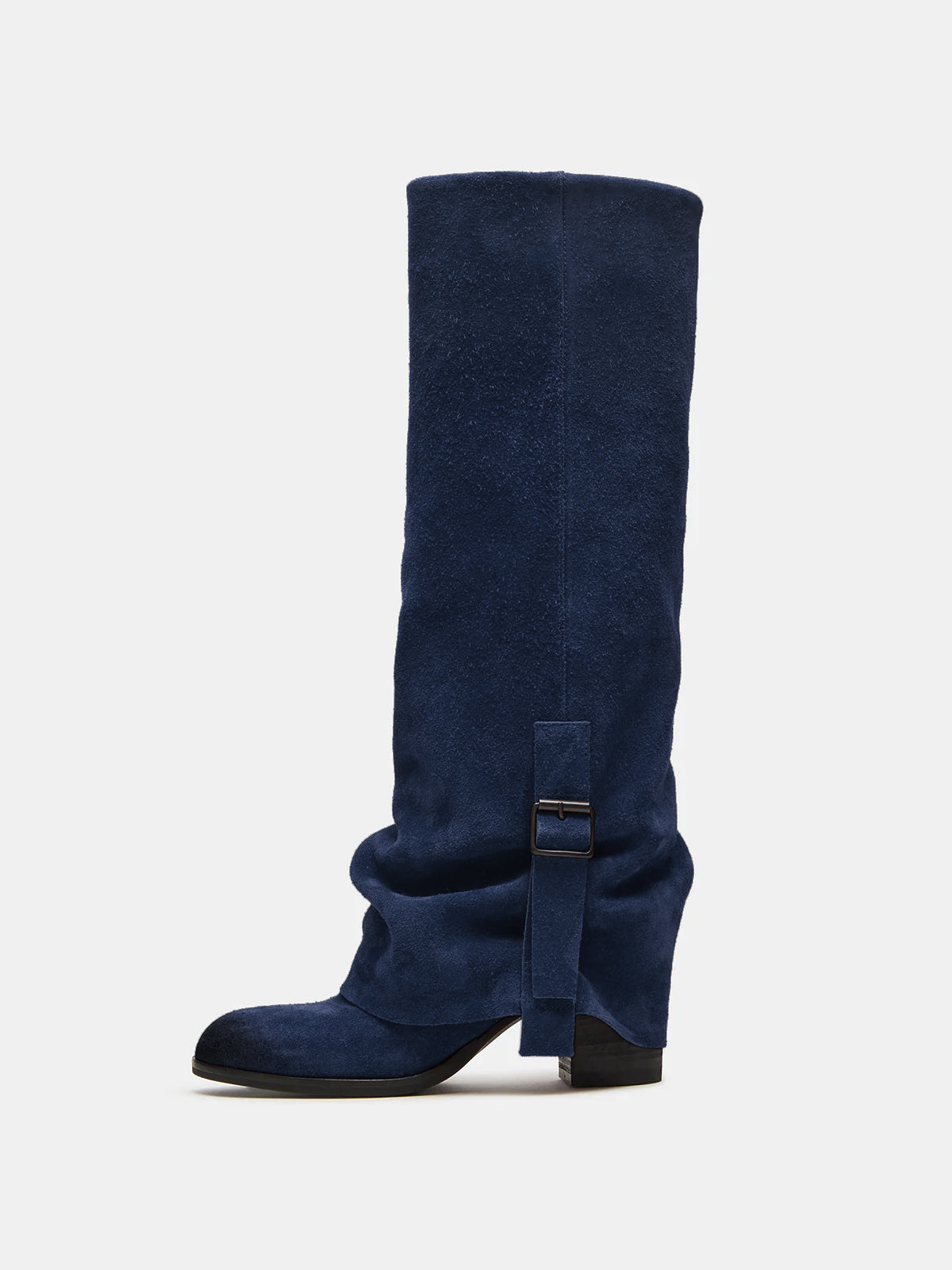 Purplish Blue Faux Suede Round-Toe Fold-Over Adjustable Buckle Knee High Cowgirl Boots