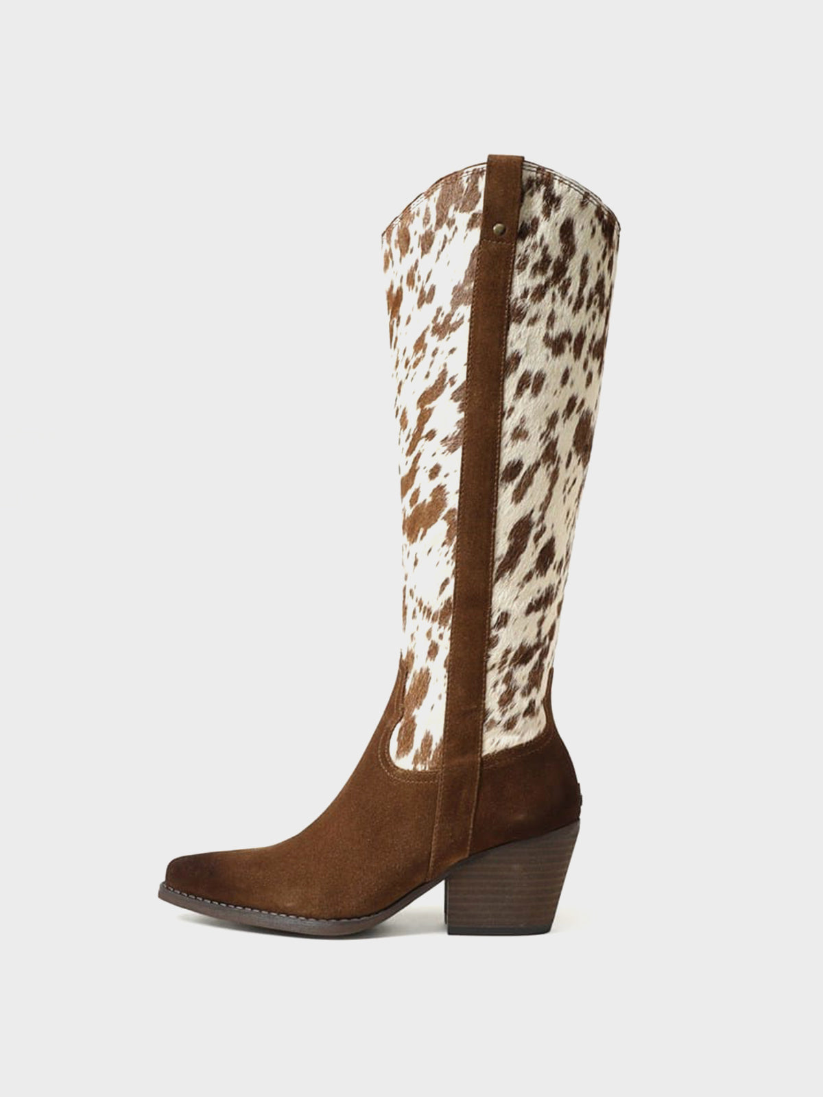 Pointed-Toe Chic Western Half-Zip Knee High Cowgirl Boots - Cow Pattern And Brown