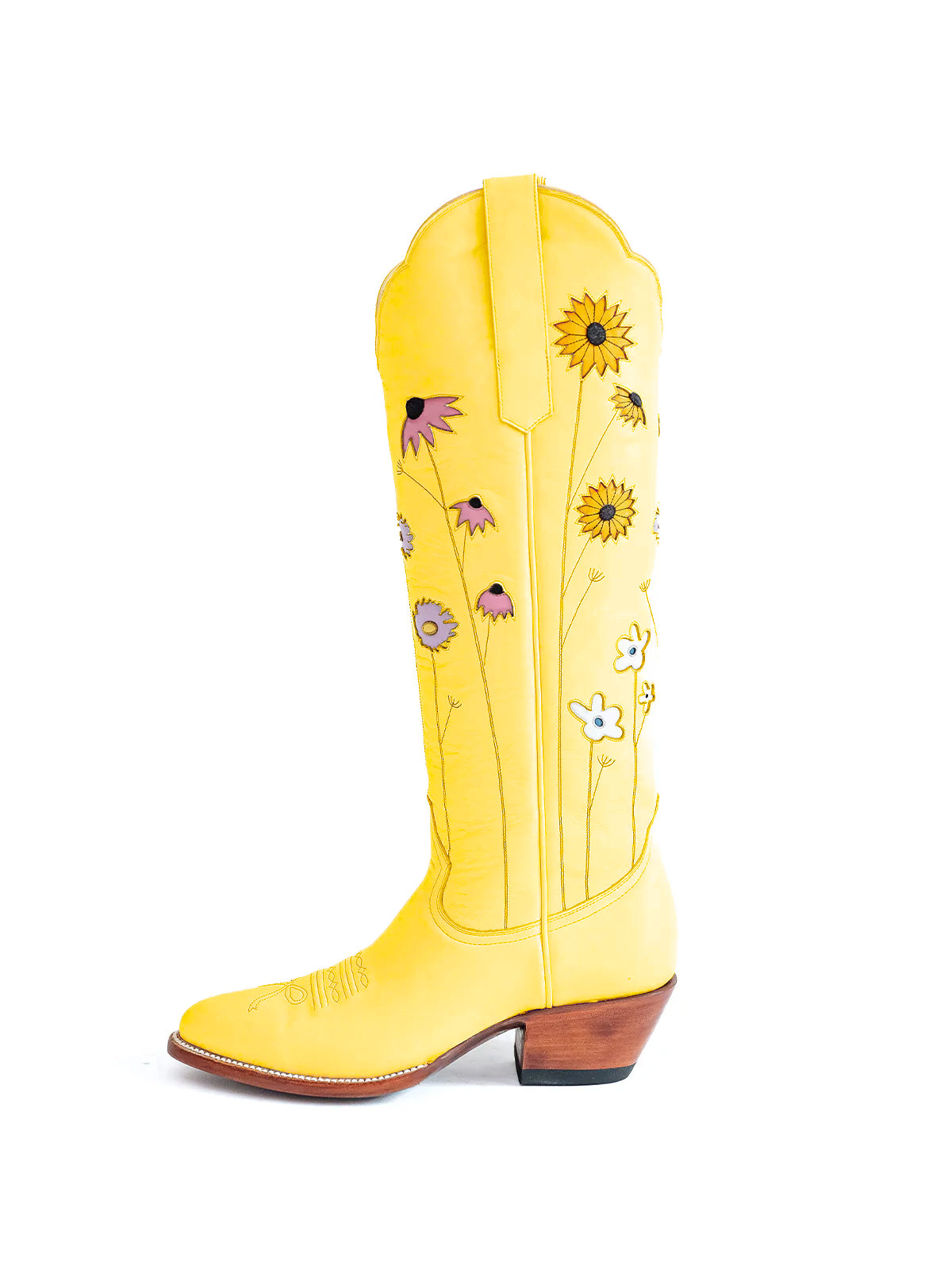 Yellow Almond-Toe Colorful Flowers Inlay Wide Calf Knee High Cowgirl Boots