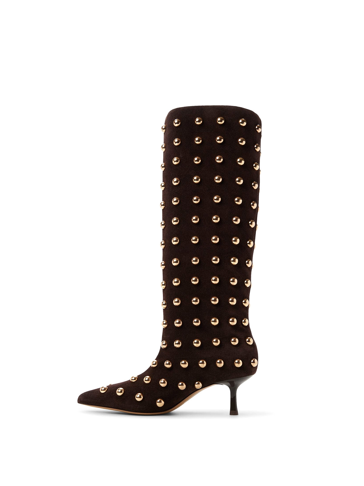 Brown Faux Suede Pointed-Toe Full Studs Wide Calf Knee High Stiletto Boots