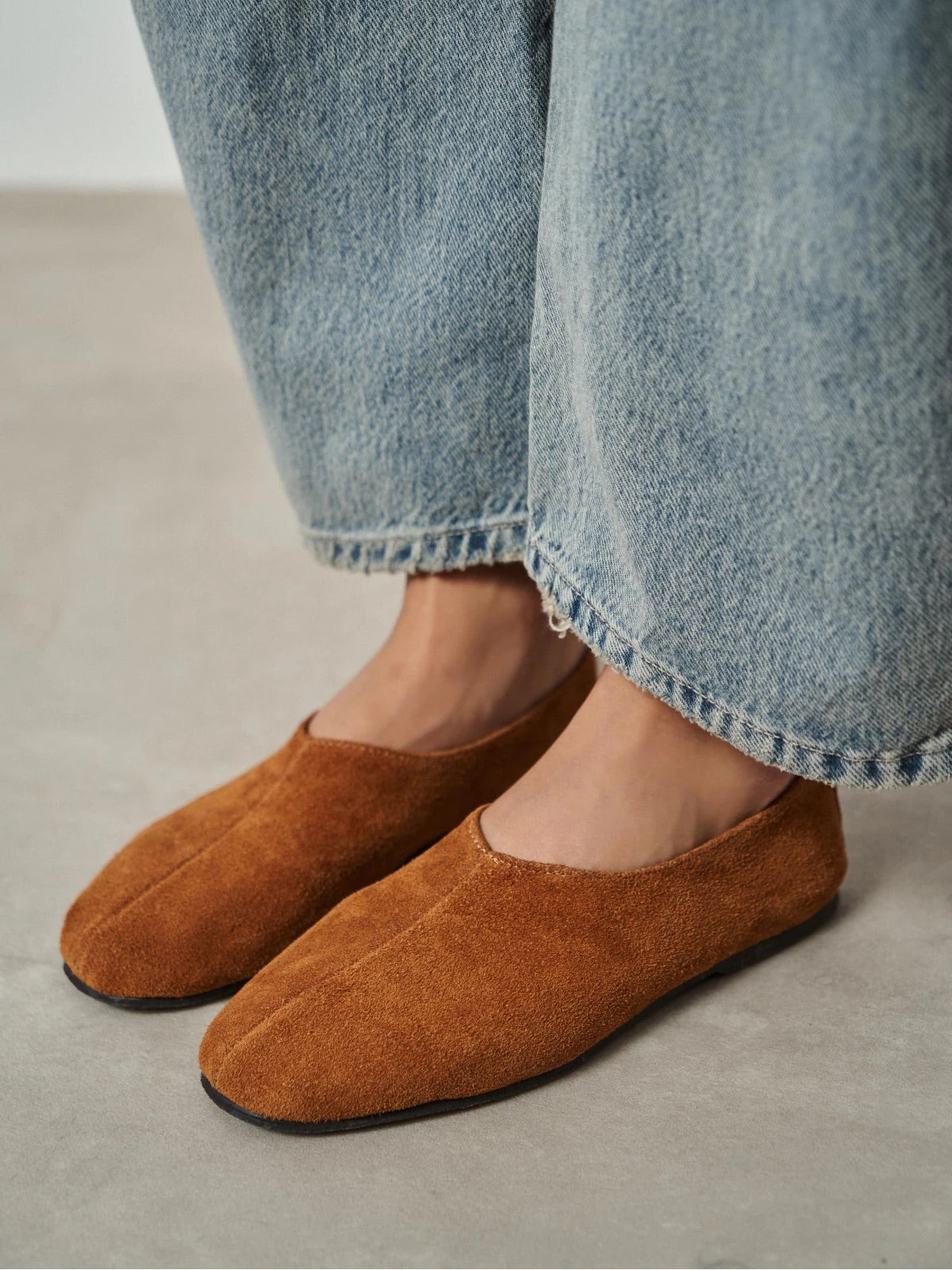 Brown Cow Suede Round-Toe Slip-On Simple Flats