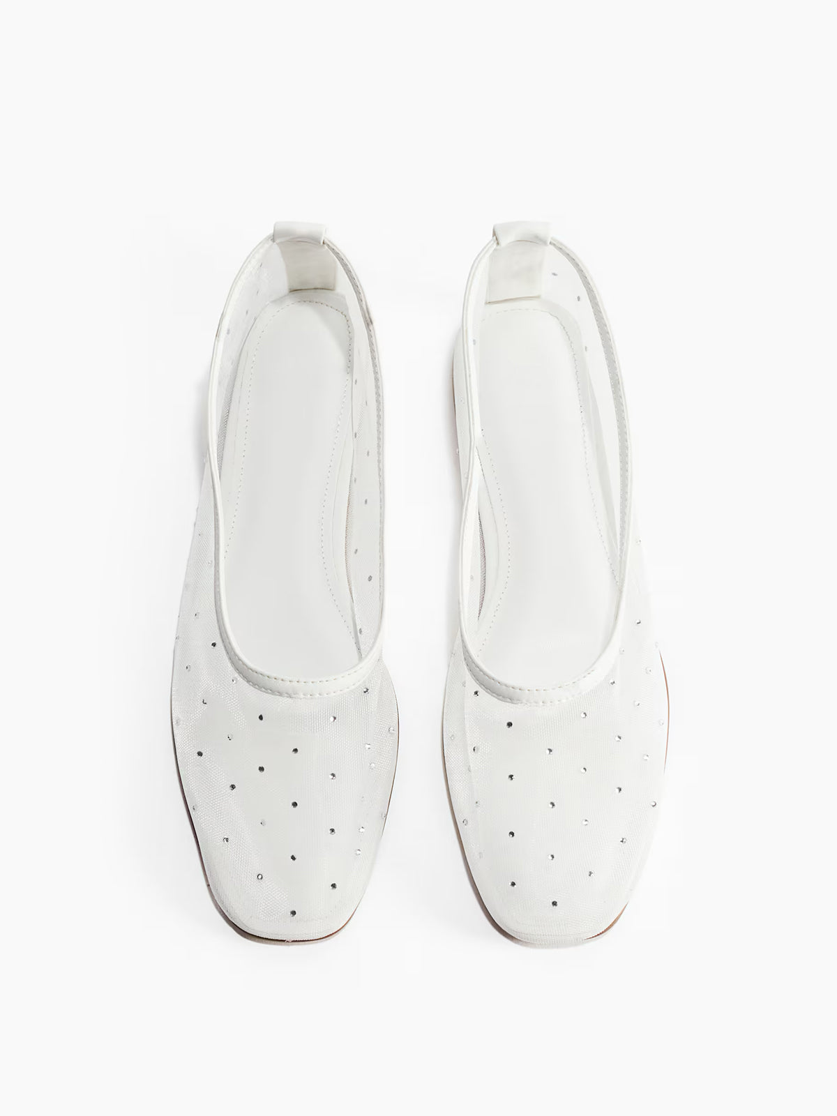 Rhinestone Mesh Square-Toe Ballet Flats - White
