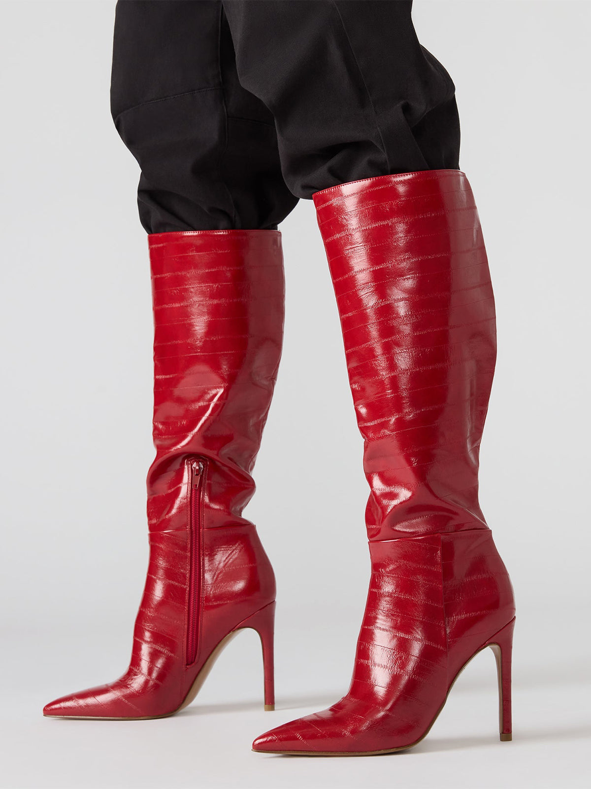 Red Eel Pattern Pointed-Toe Half-Zip Knee High Stiletto Boots