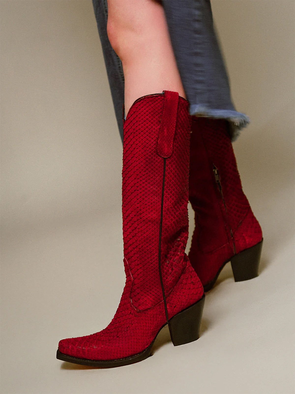 Red Snakeskin Pointed-Toe Half-Zip Simple Knee High Cowgirl Boots