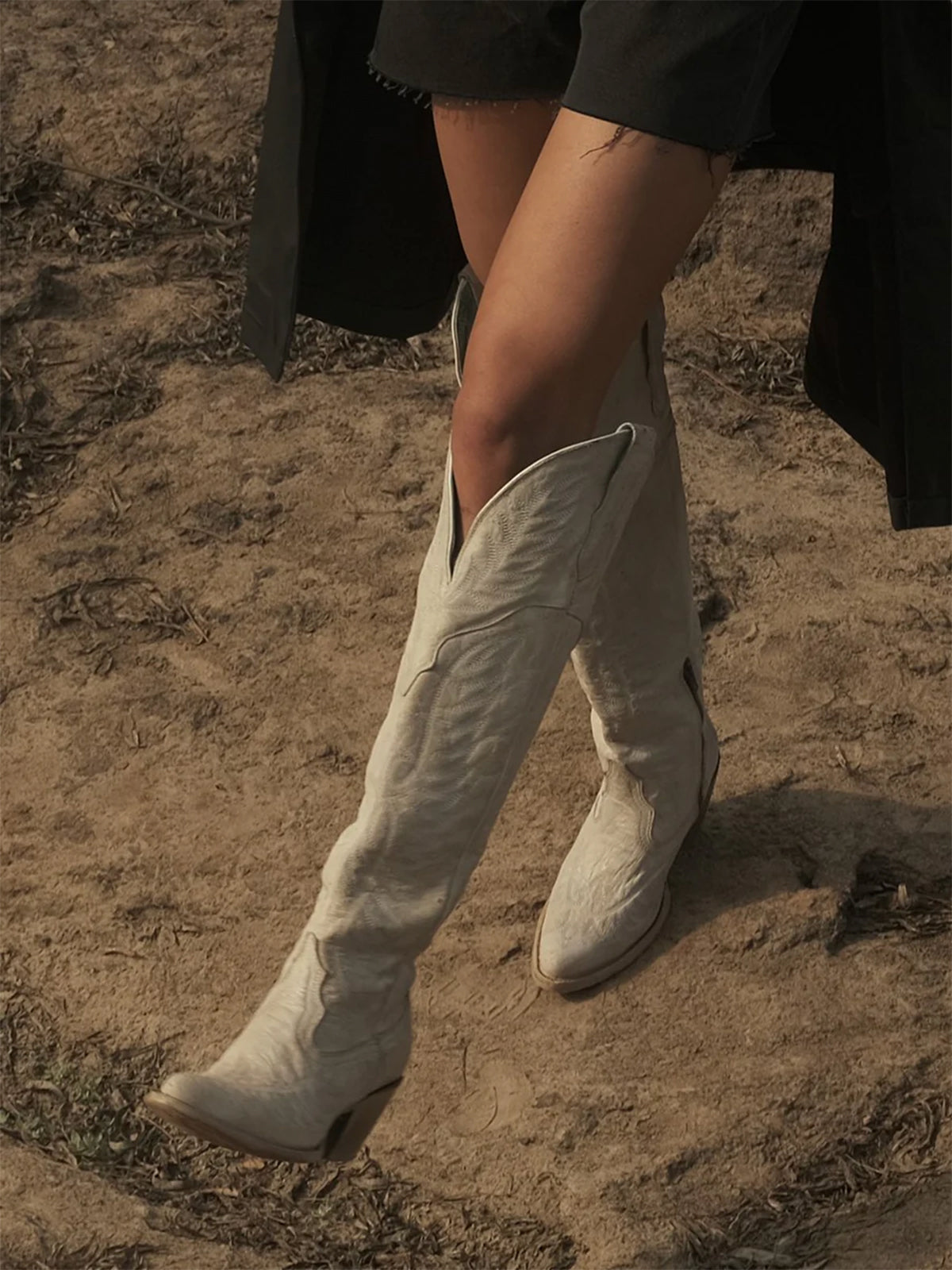 Almond-Toe Classic Embroidery Half-Zip Over-The-Knee Cowgirl Boots - White