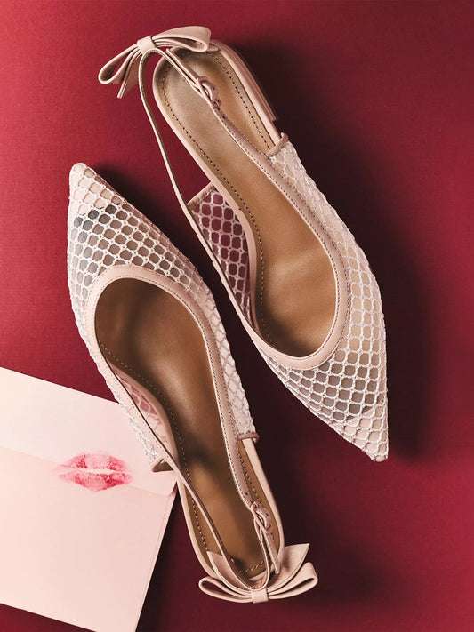 Nude Mesh Pointed-Toe Slingback Back Bow Flats