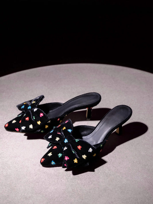 Black Velvet Pointed-Toe Flowers Embroidery Big Front Bow High Heels