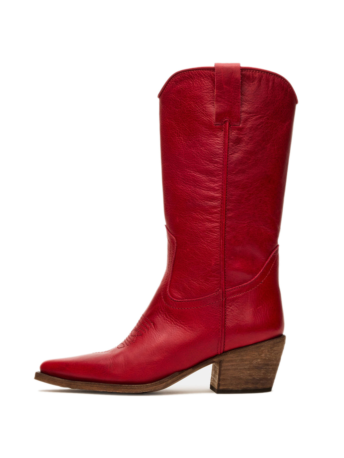 Red Pointed-Toe Simple Mid Calf Cowgirl Boots