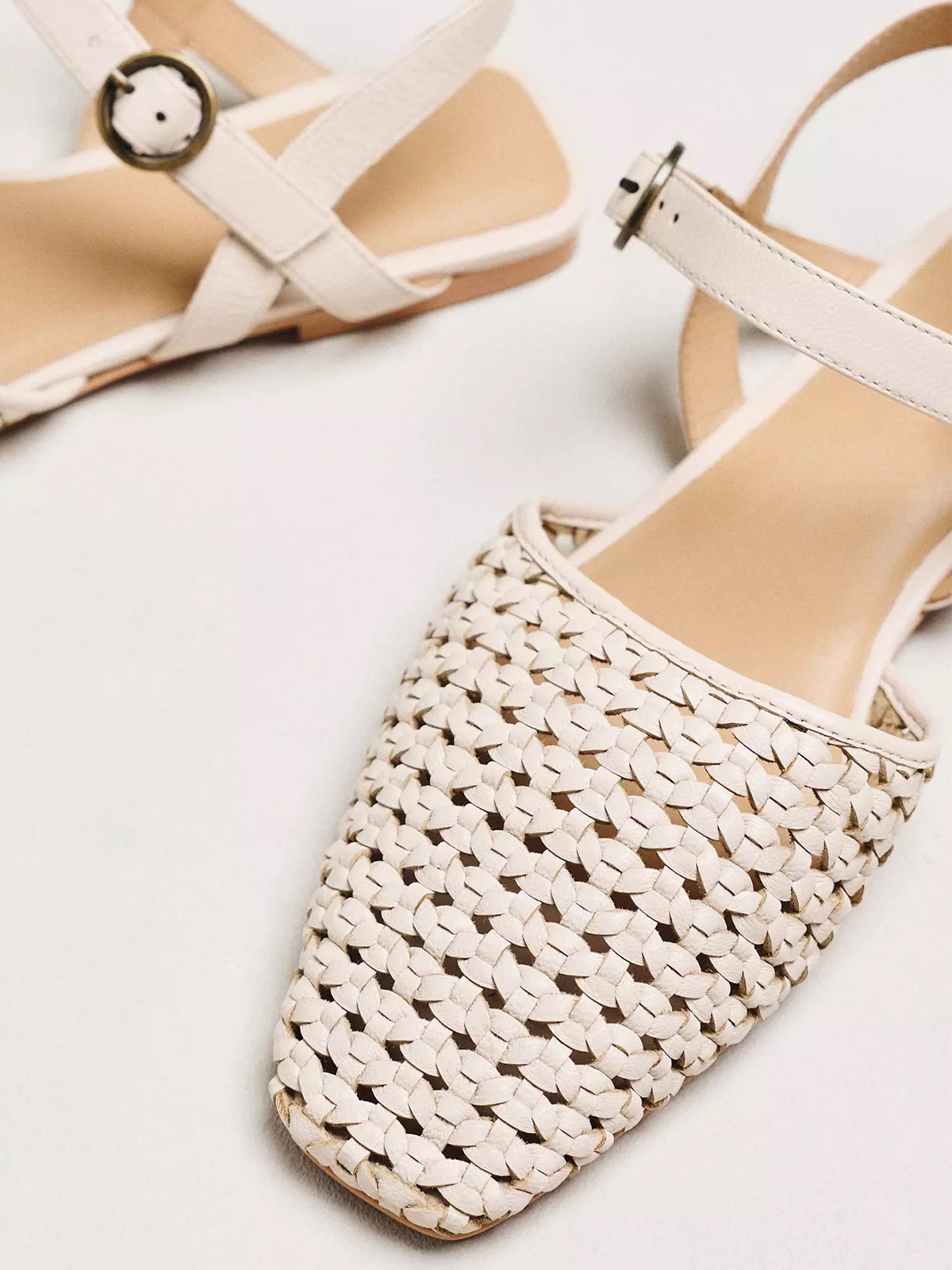 Cream Vegan Leather Woven Square-Toe Ankle Strap Flats