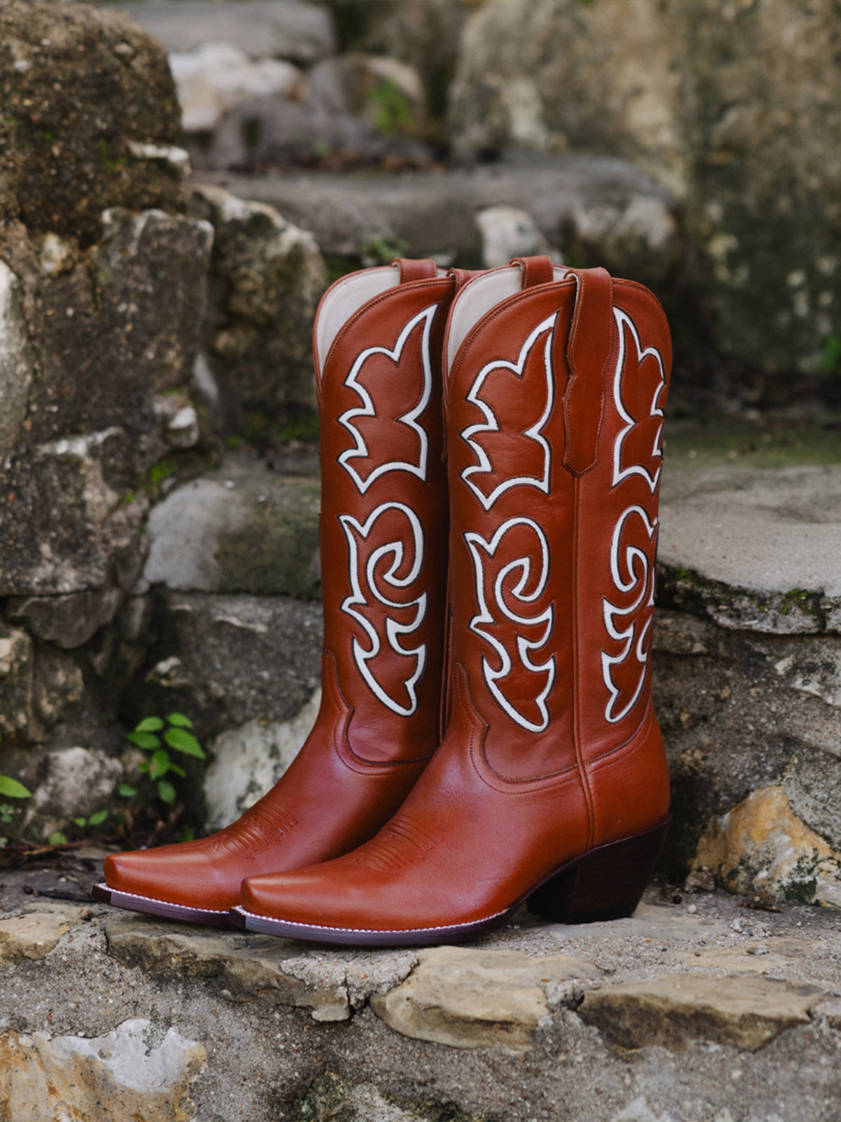 Brown Snip-Toe Stylish Inlay Classic Mid Calf Cowgirl Boots