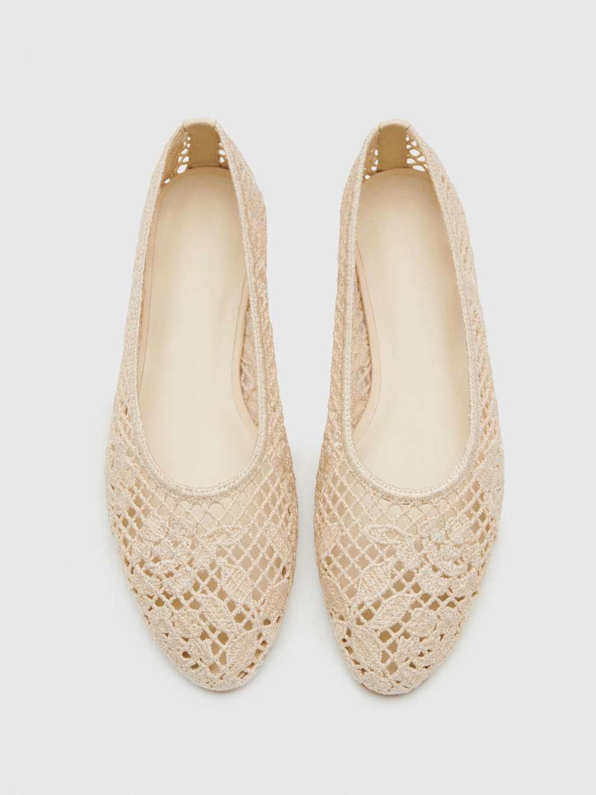 Cream Woven Round-Toe Floral Embroidery Slip-On Flats