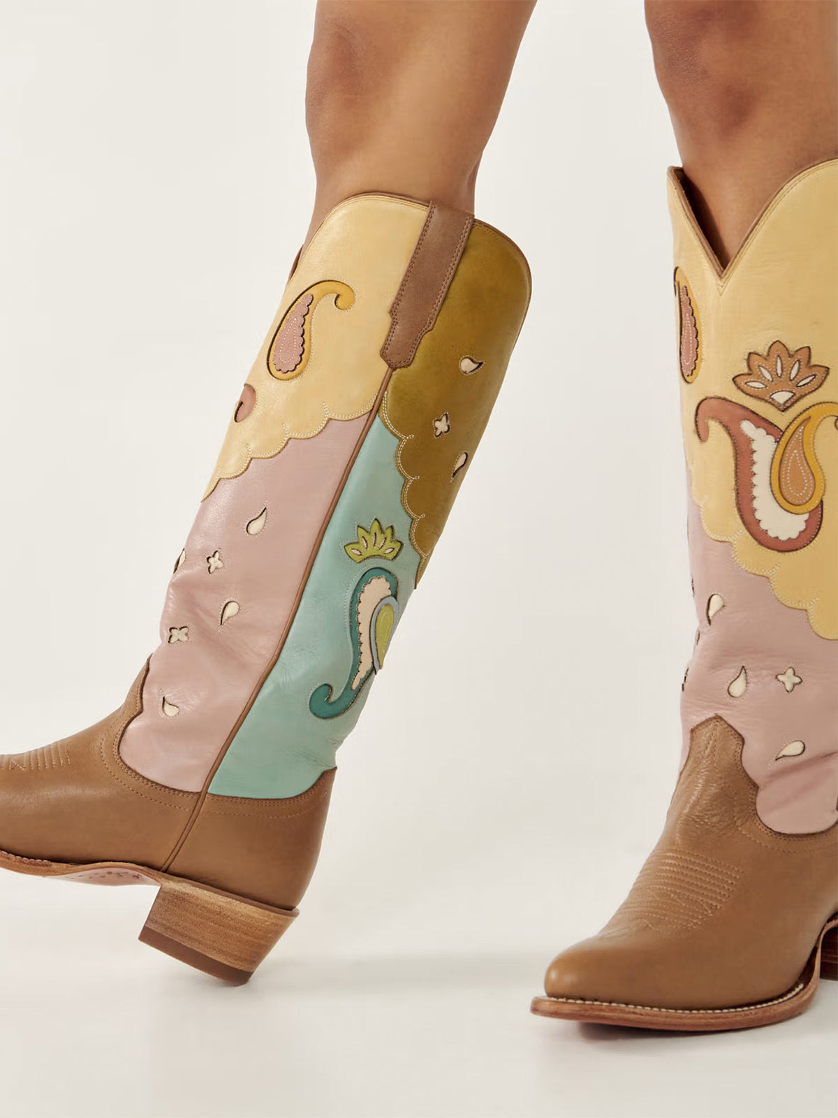 Contrast Multi-Color Almond-Toe Delicate Inlays Wide Calf Knee High Cowgirl Boots