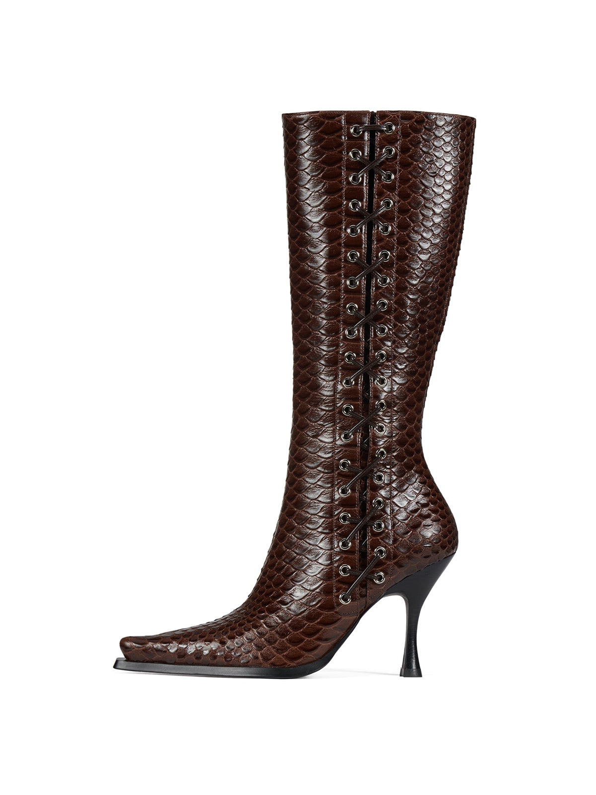 Brown Pointed-Toe Side Lace-Up And Full-Zip Wide Calf Knee High Stiletto Boots