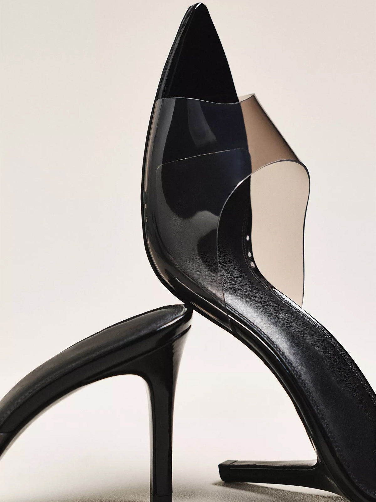 Black Transparent TPU Film Open Pointed-Toe Slip-On High Heels