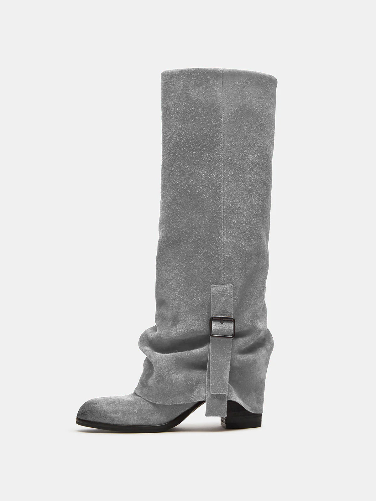 Gray Faux Suede Round-Toe Fold-Over Adjustable Buckle Knee High Cowgirl Boots