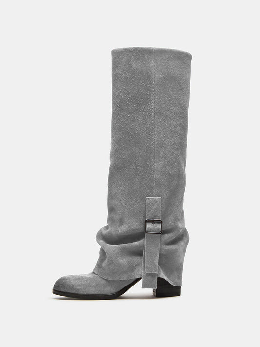 Gray Faux Suede Round-Toe Fold-Over Adjustable Buckle Knee High Cowgirl Boots