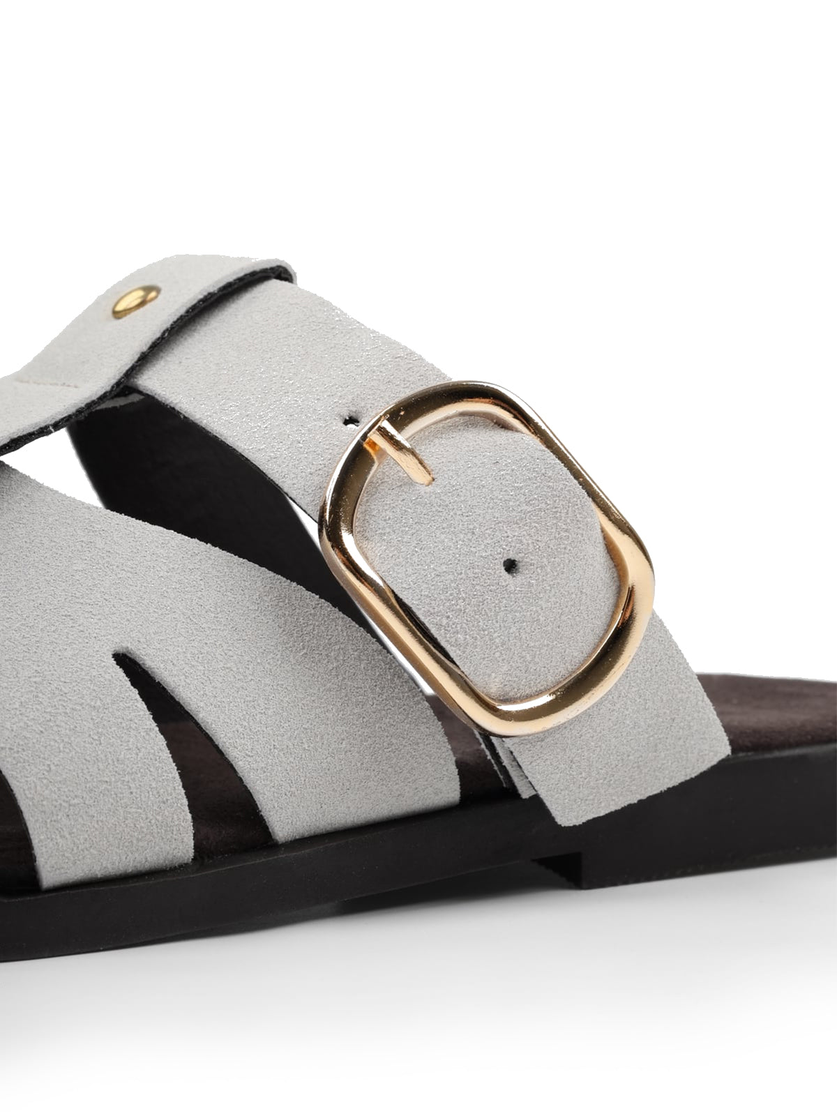 Gray Cow Suede Round-Toe Caged Detail And Studs Backless Flats