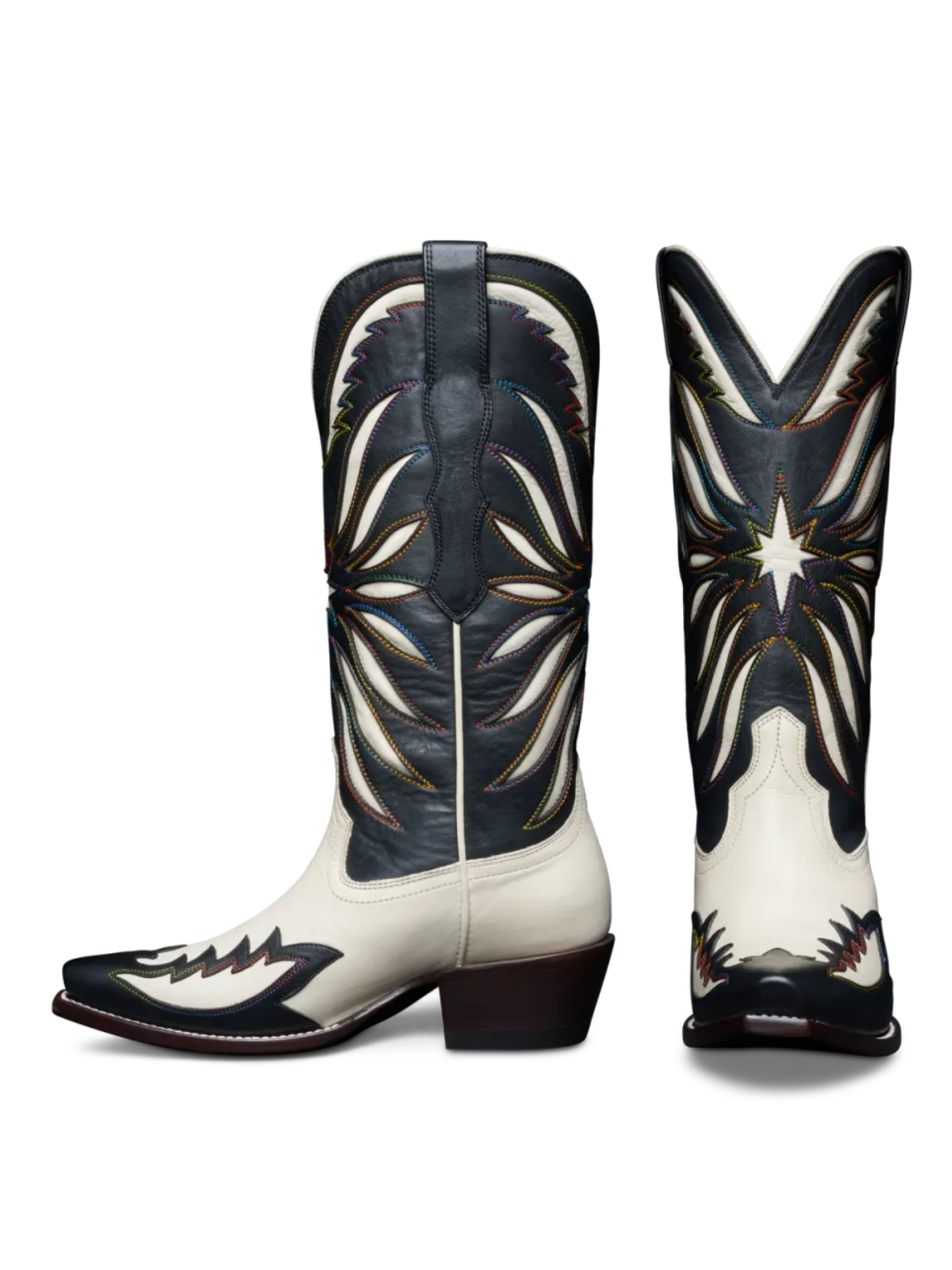 Contrast Black And Ivory Inlay Applique Snip-Toe Embroidery Wide Mid Calf Western Boots