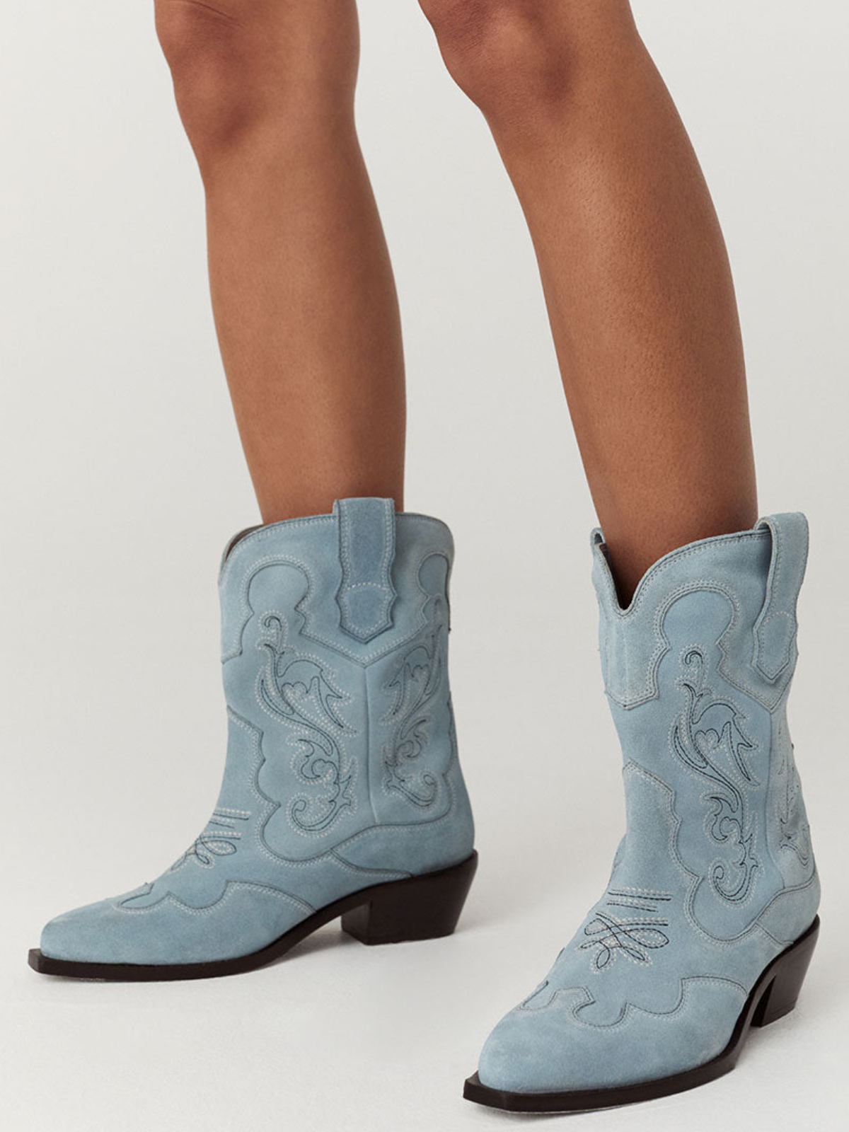 Powder Blue Faux Suede Almond-Toe Embroidery Wide Mid Calf Cowgirl Boots