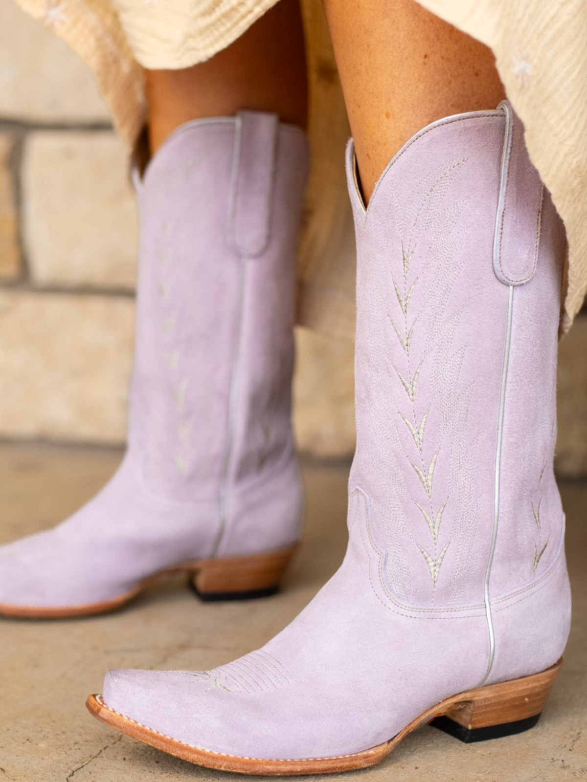 Lilac Purple Faux Suede Embroidery Snip-Toe Wide Mid Calf Tall Cowgirl Boots