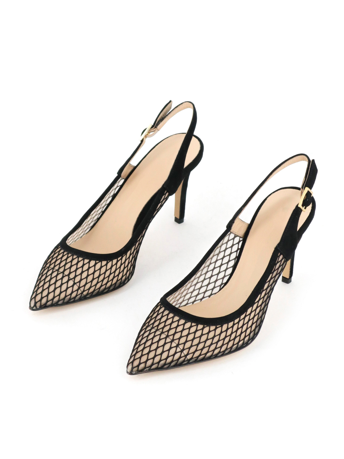 Black Pointy High Heels Slingback Pumps in Fishnet & Faux Suede