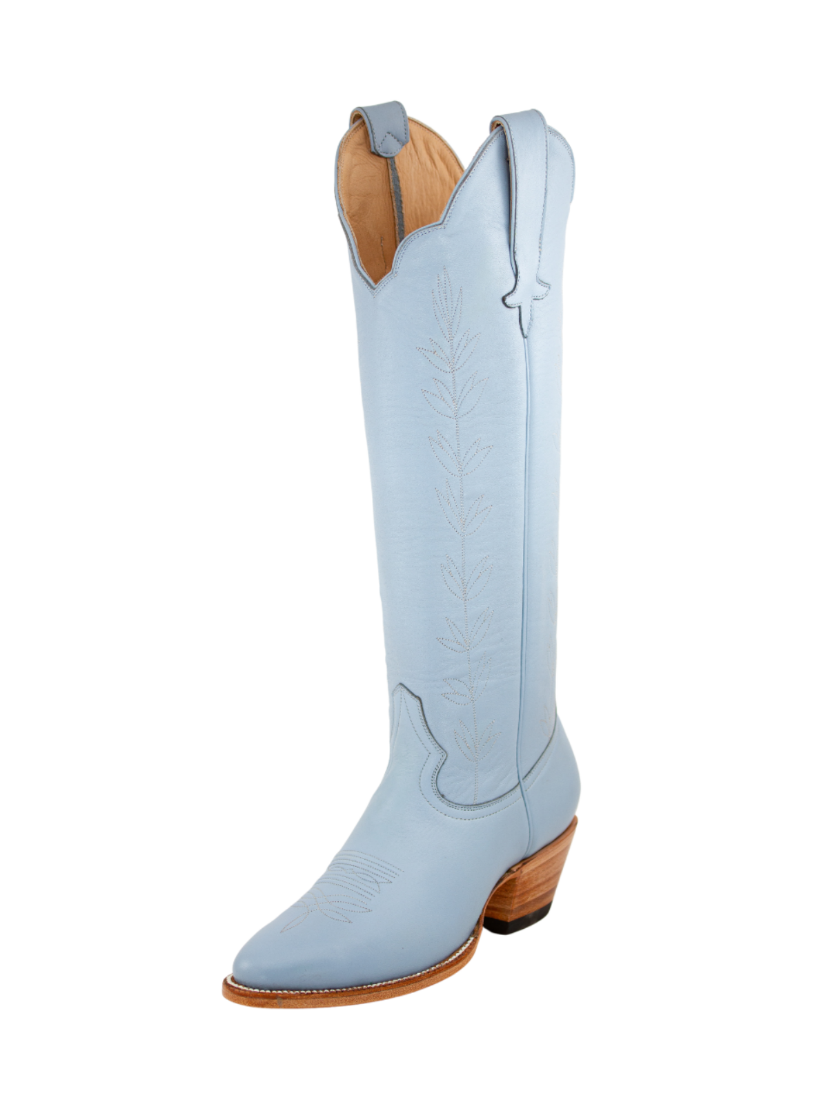 Almond-Toe Leaves Embroidery Wide Calf Knee High Cowgirl Boots - Powder Blue