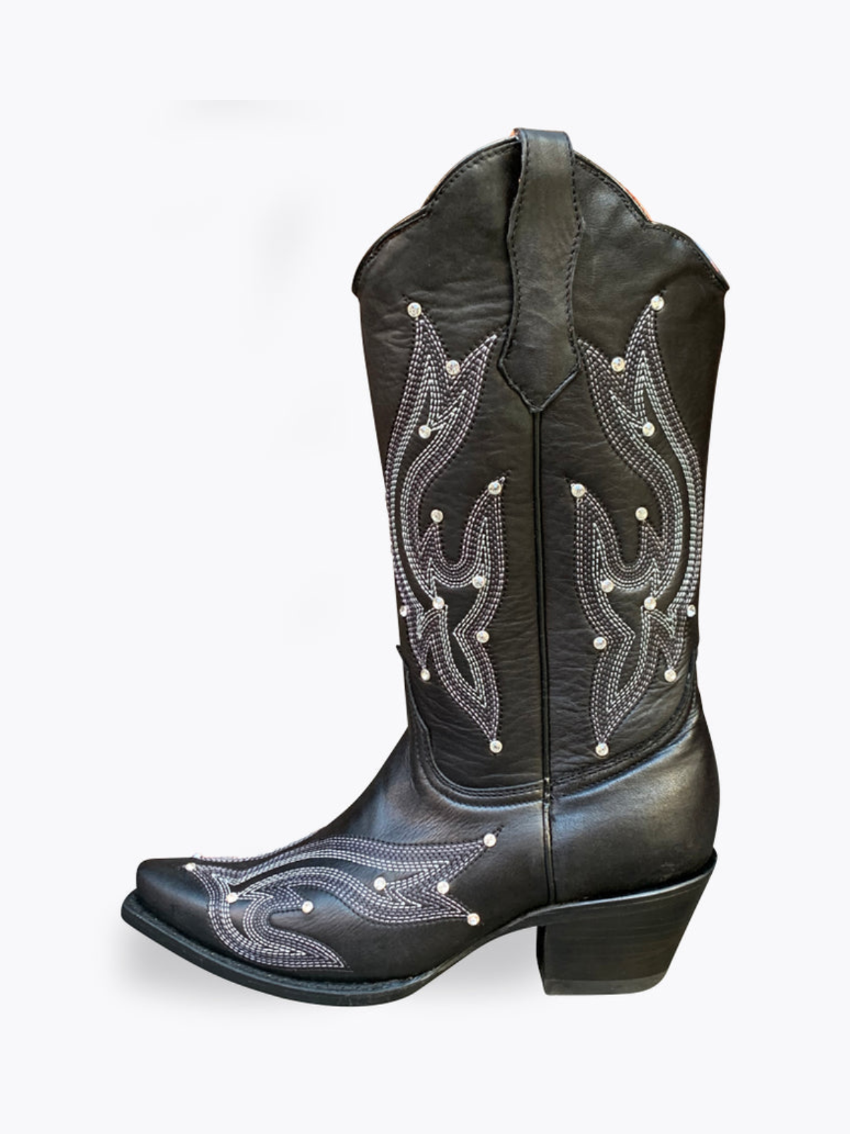 Rhinestone Embroidery Snip-Toe Wide Mid Calf Tall Cowgirl Boots - Black