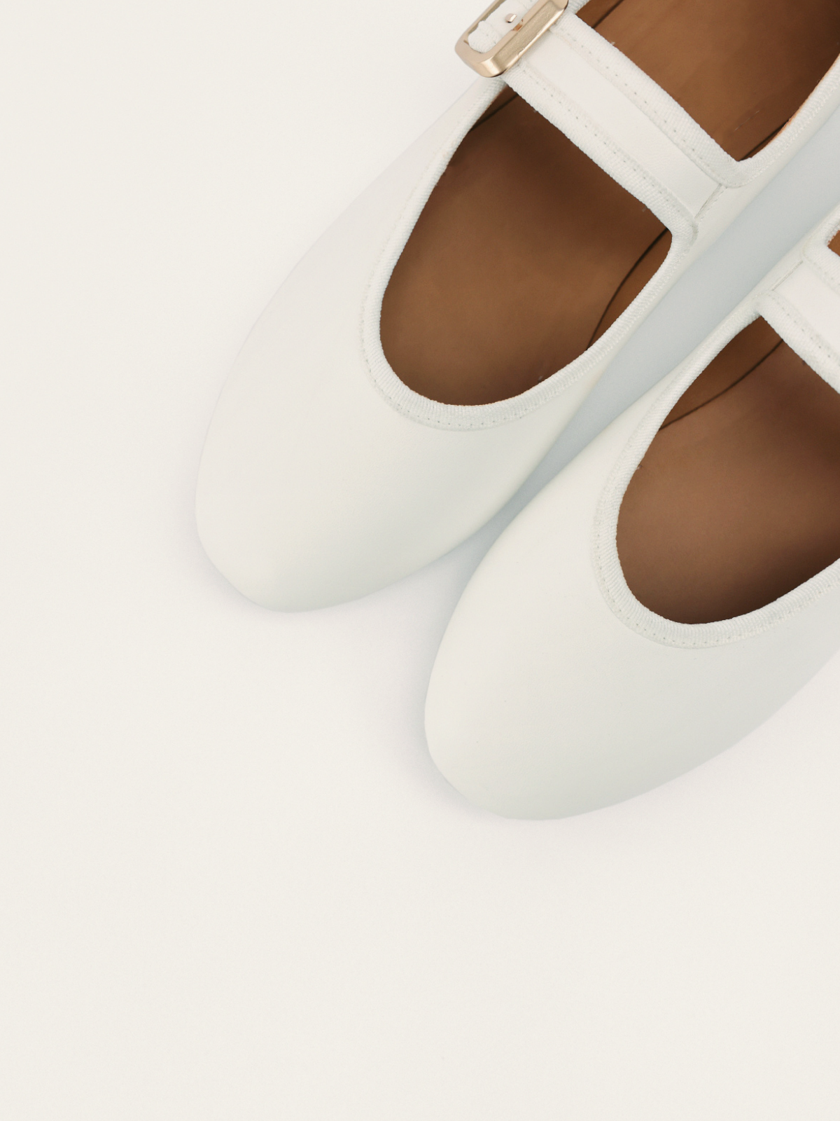 White Buckled Detailed Oval Ballet Flats Mary Janes With Wide Strap