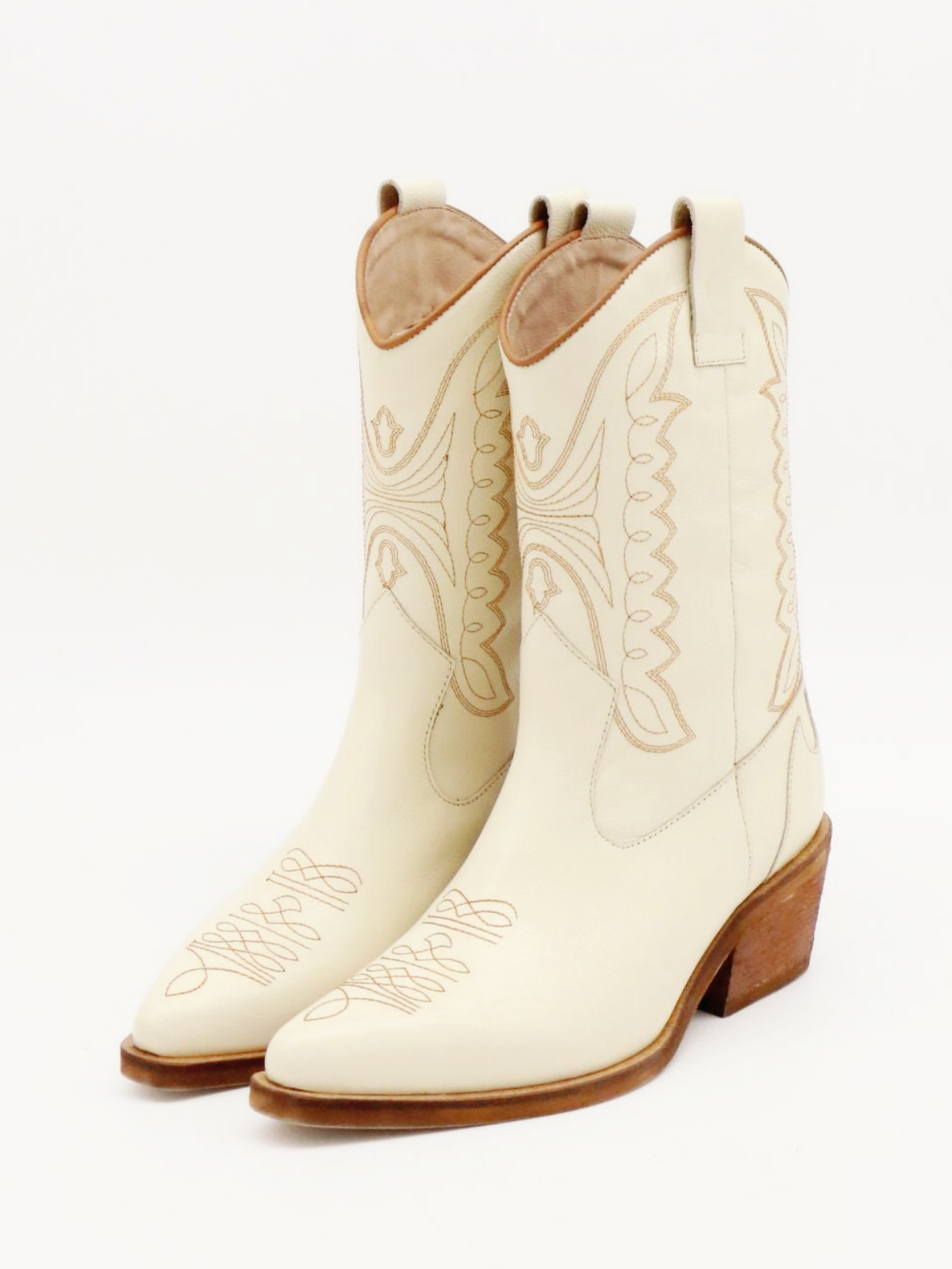 Ivory Snip-Toe Wings Embroidery Wide Mid Calf Cowgirl Boots