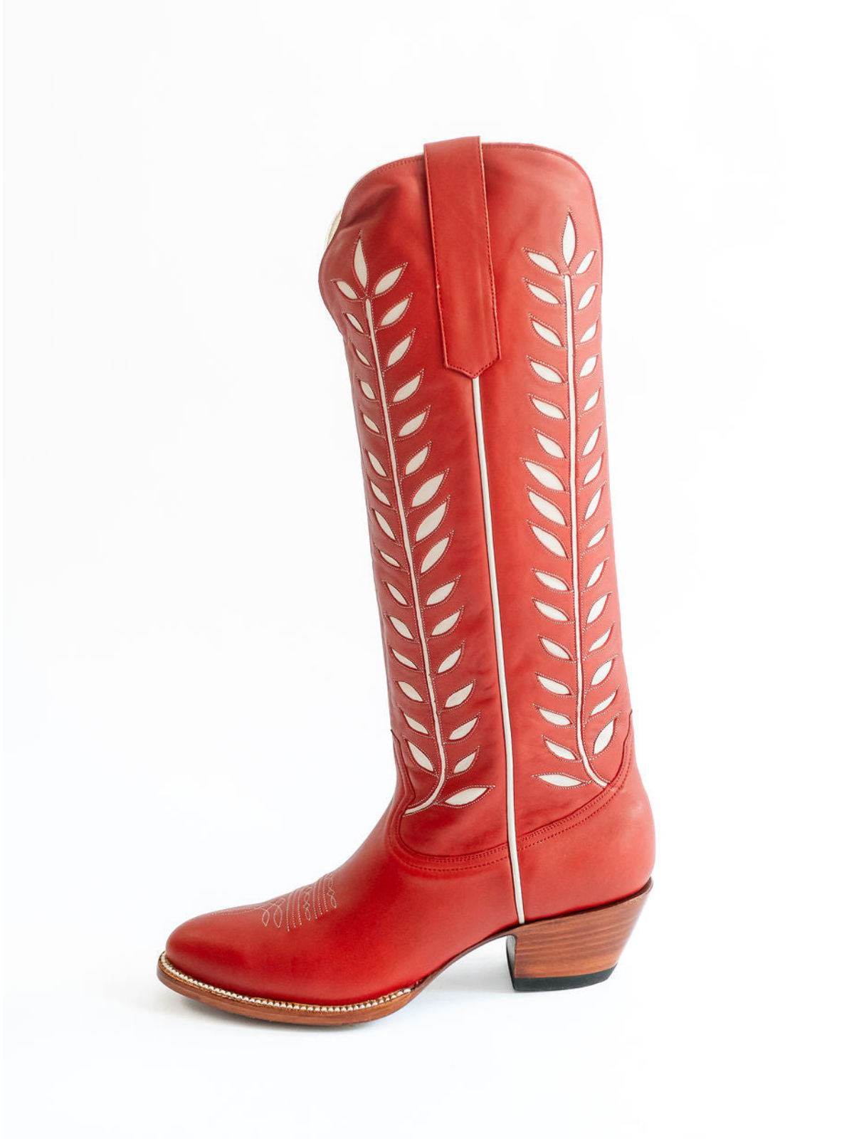 Almond-Toe Ivory Leaves Inlay Wide Calf Tall Knee High Cowgirl Boots - Red