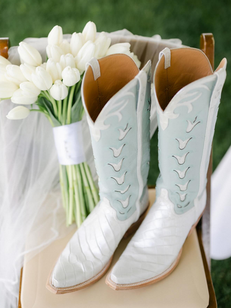 pink lily white boots Contrast White And Light Green Tulip Inlays Knee High Cowgirl Boots –  Fuchsia Boots