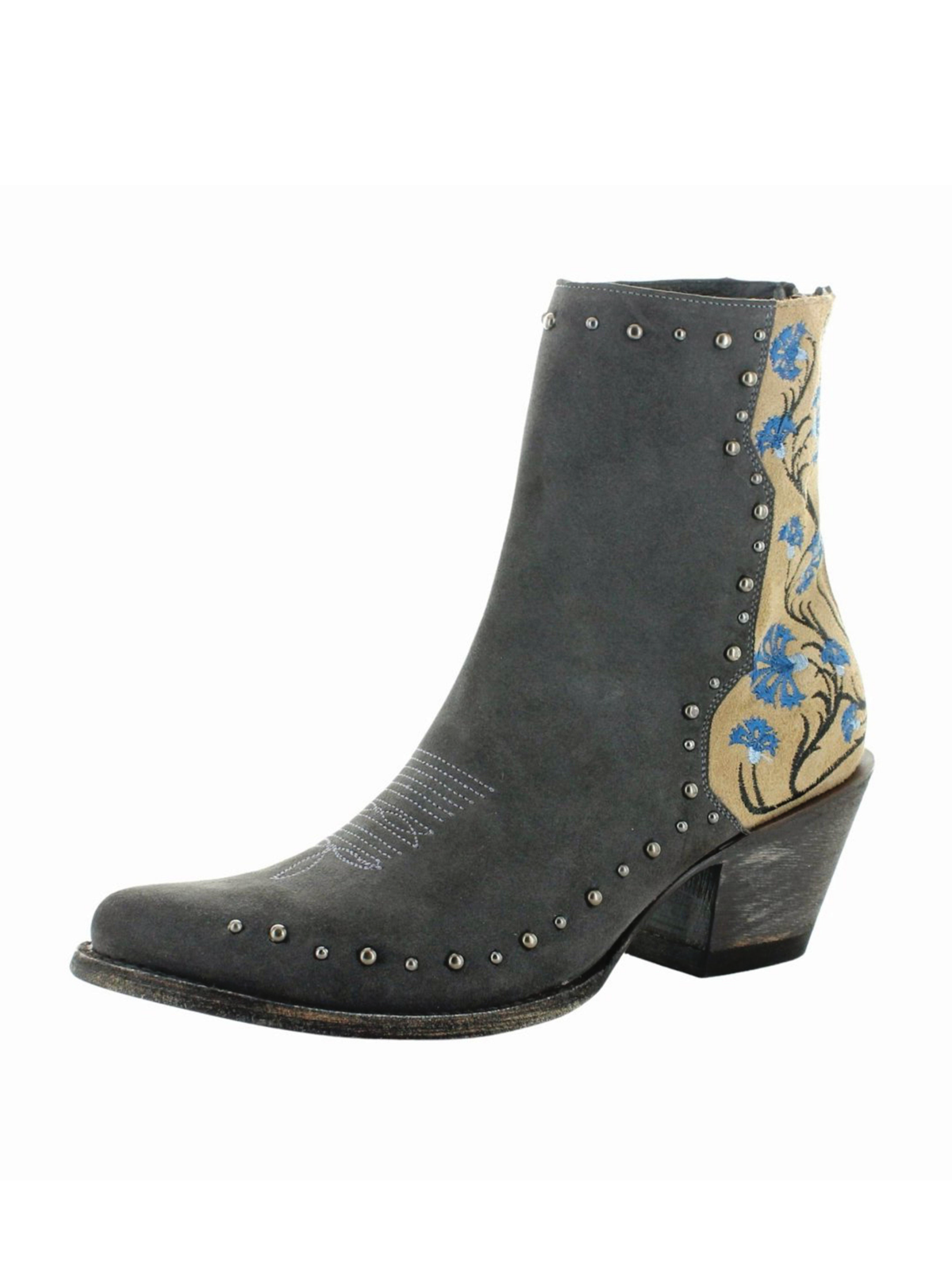 Contrast Dark Gray Faux Suede And Beige With Floral Embroidery Studded Wide Mid Calf Cowgirl Boots