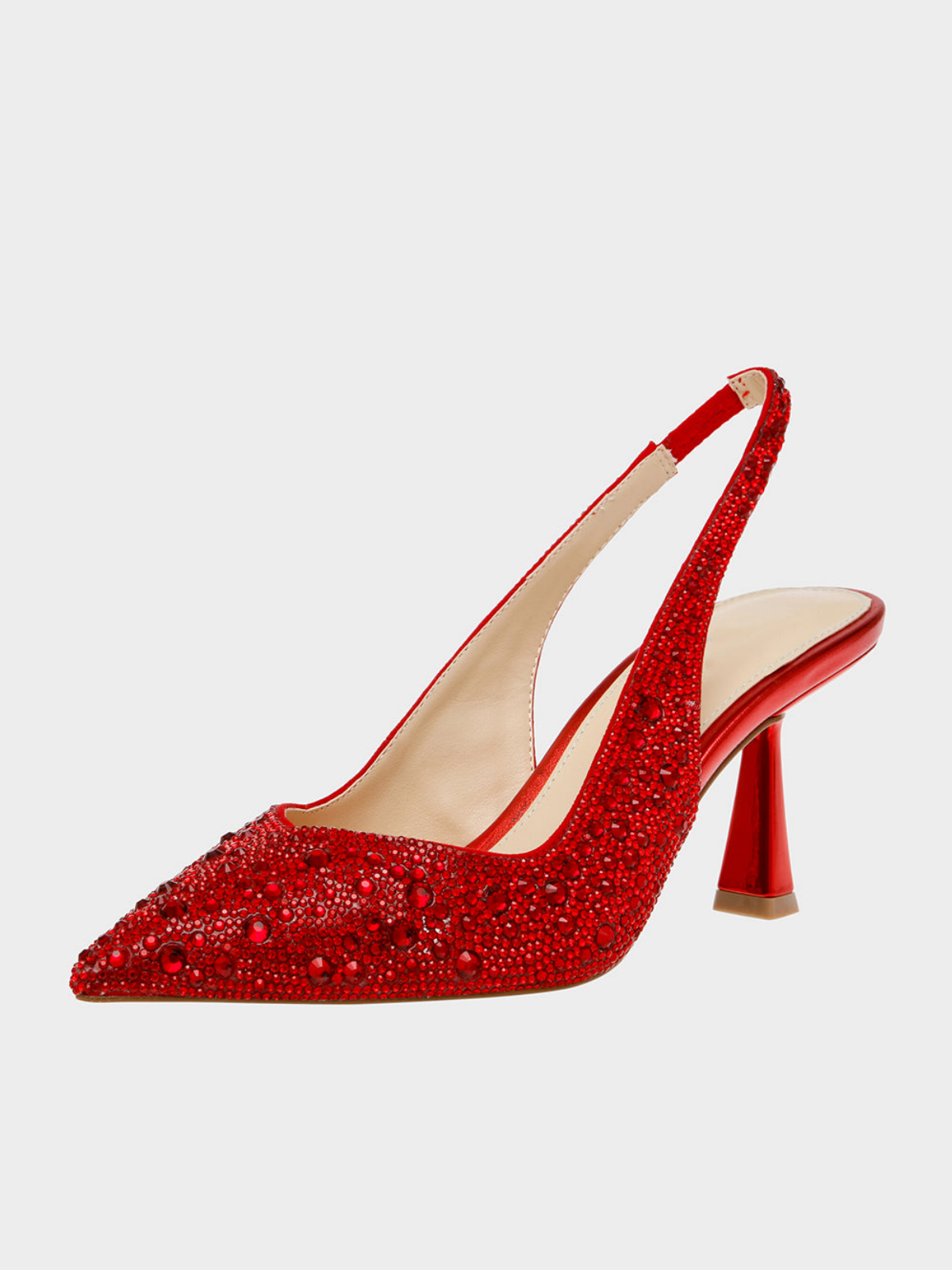 Red Faux Suede Pointed-Toe Rhinestone Slingback Kitten Heels