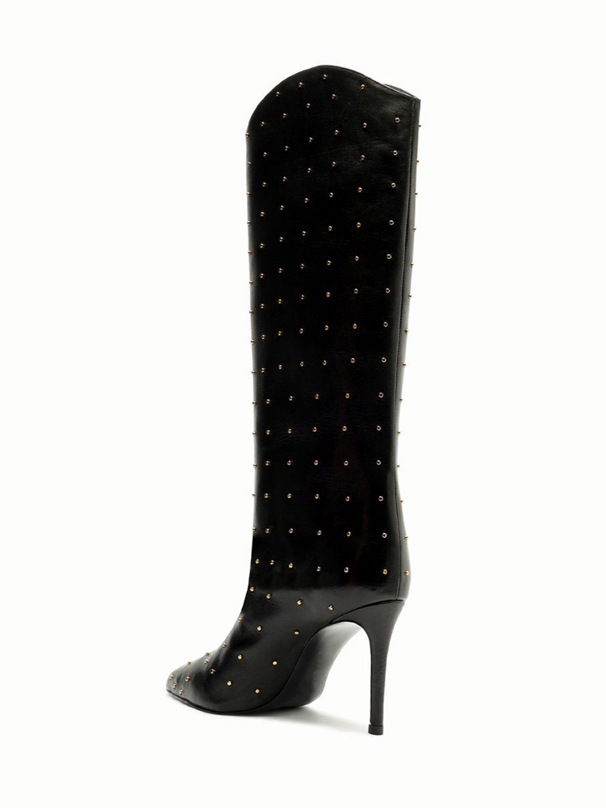 Black Pointed-Toe Wide Mid Calf Stiletto Boots With Studs