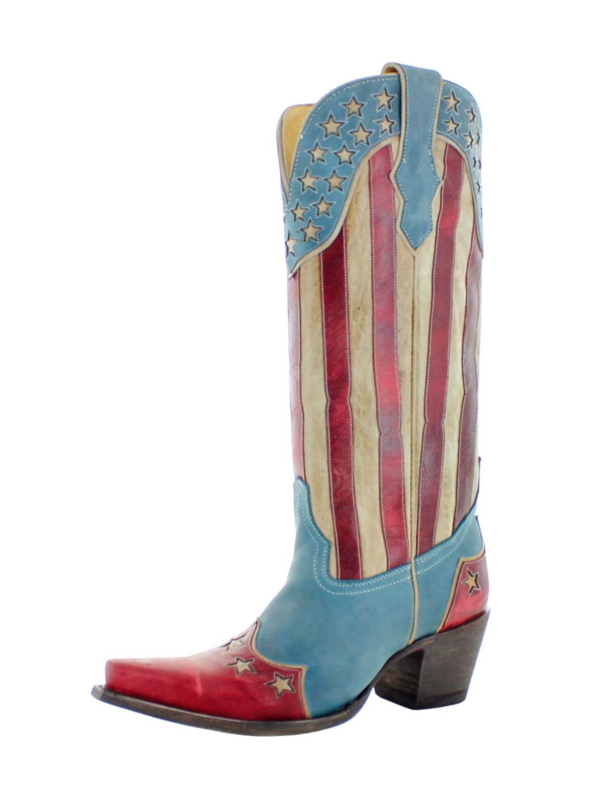 Contrast Tri-Color Snip-Toe Bone Star Inlay Wide Mid Calf Cowgirl Boots