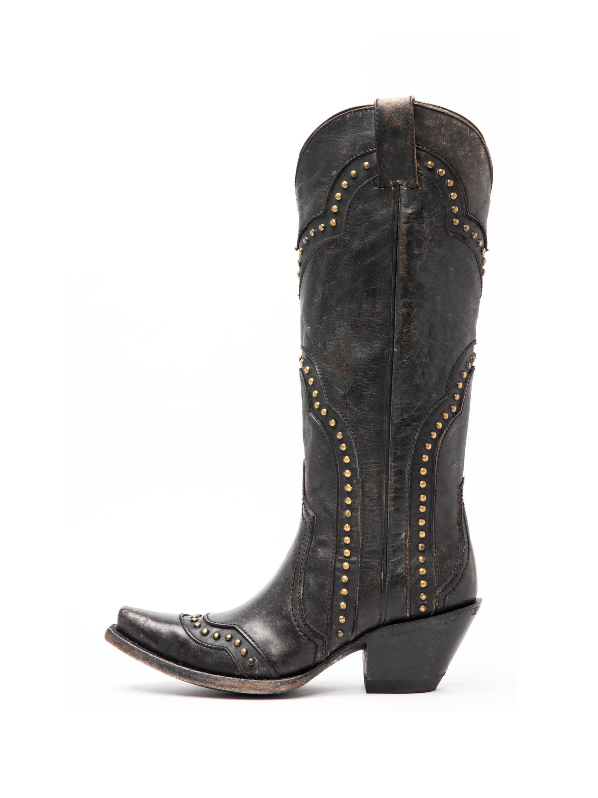 Black Distressed Stitch Studded Snip-Toe Wide Mid Calf Cowgirl Tall Boots