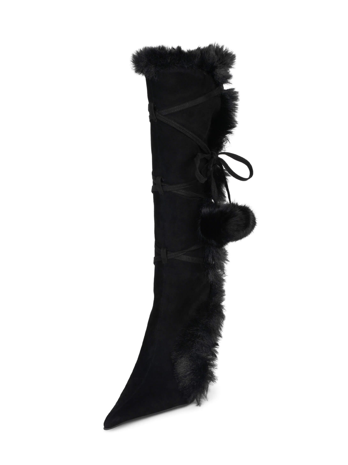 Black Faux Suede Pointed-Toe Full-Zip Mid Calf Stiletto Boots With Wrap-Around And Plush