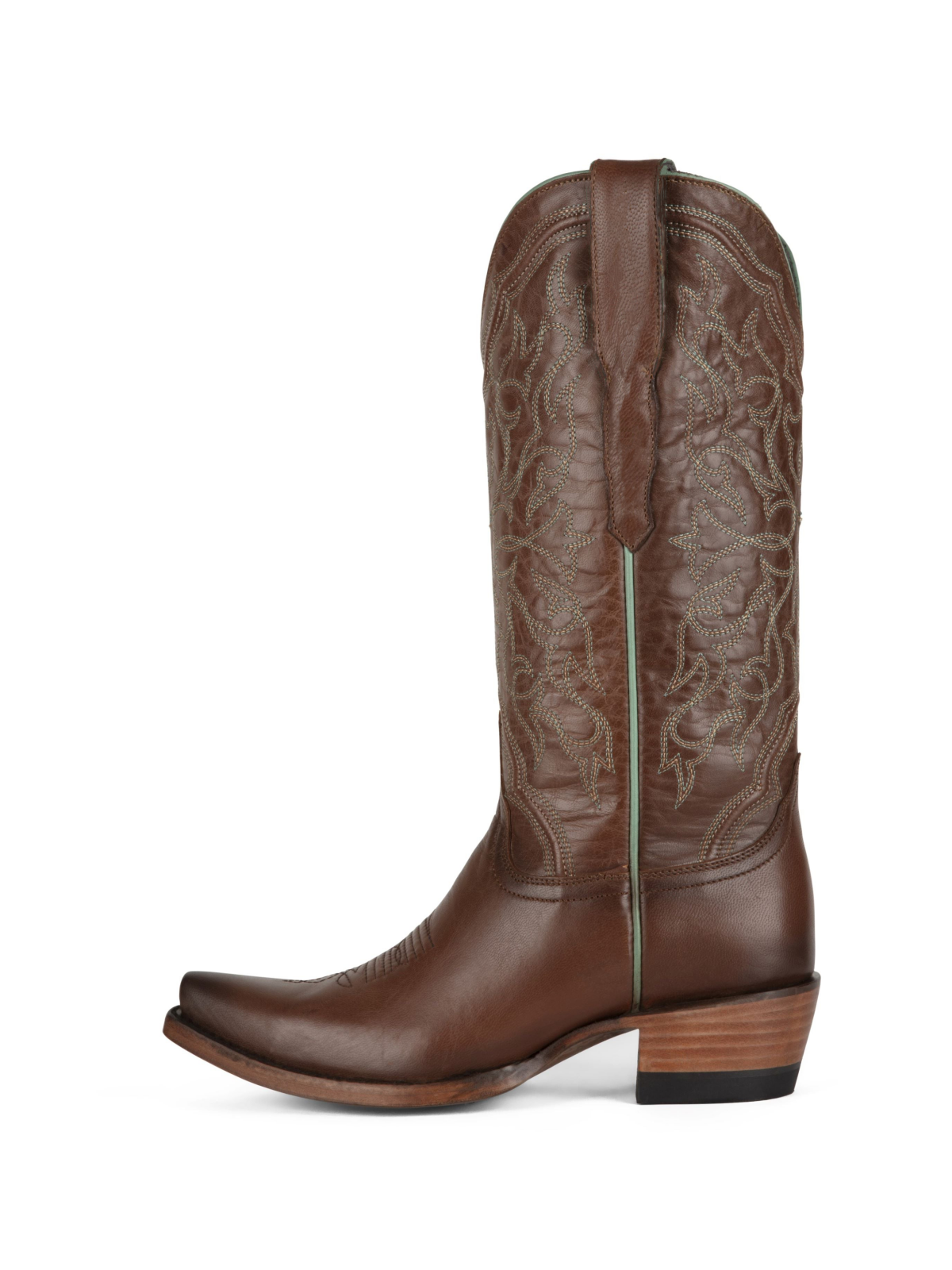 Burnish Cognac Vegan Leather Snip-Toe Embroidery Wide Mid Calf Cowgirl Tall Boots