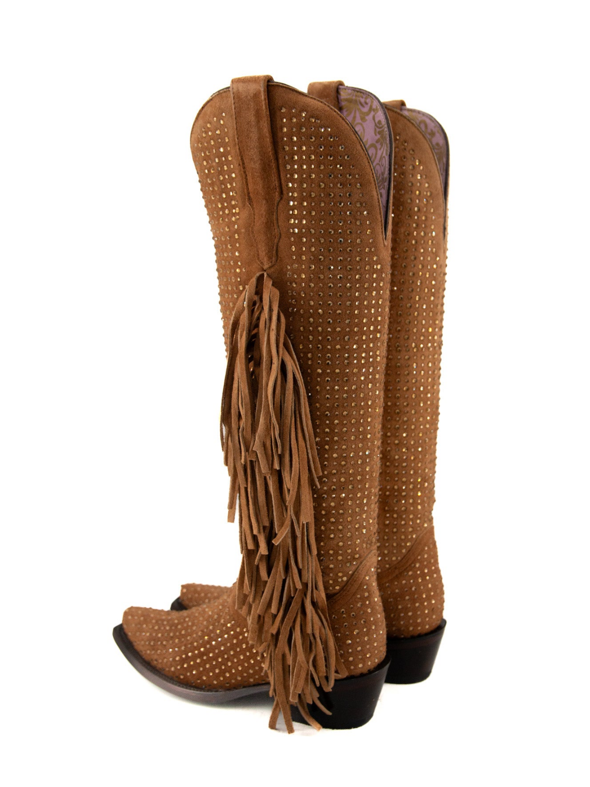 Brown Faux Suede Snip-Toe Half-Zip Fringe Rhinestone Knee High Tall Cowgirl Boots