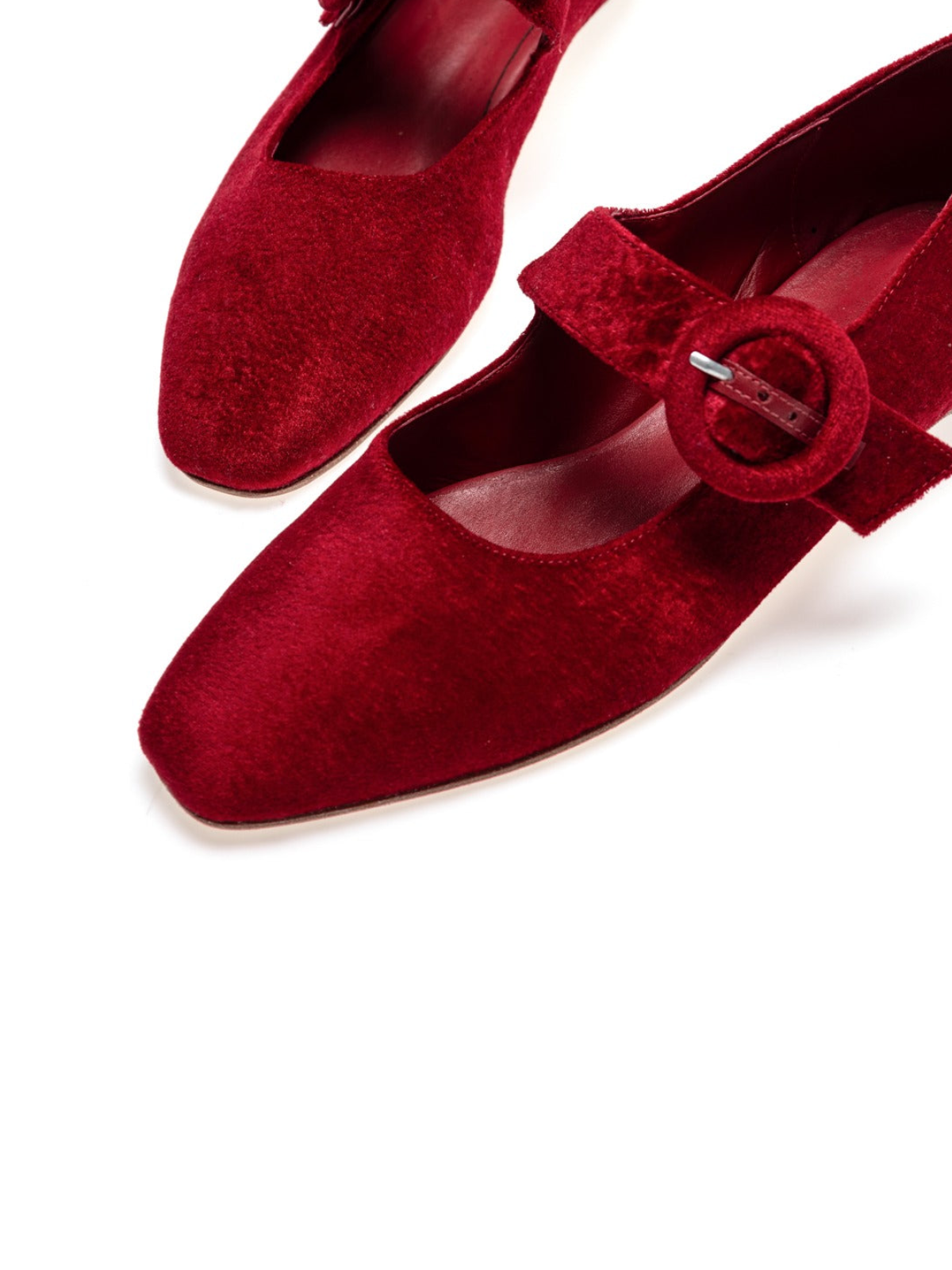 Red Velvet Elongated Ballet Flats Mary Janes With Oversized Buckle