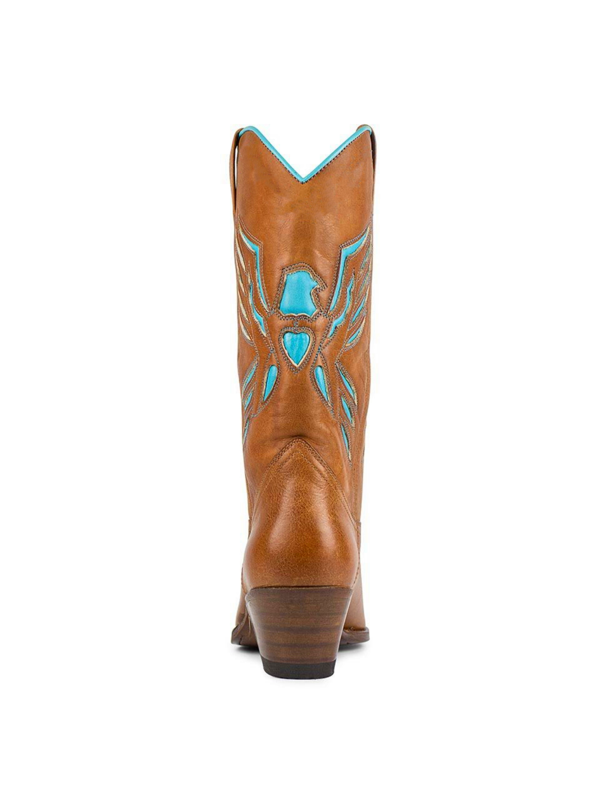 Brown Pointed-Toe Wide Mid Calf Cowgirl Boots With Turquoise Heart Thunderbird Inlay