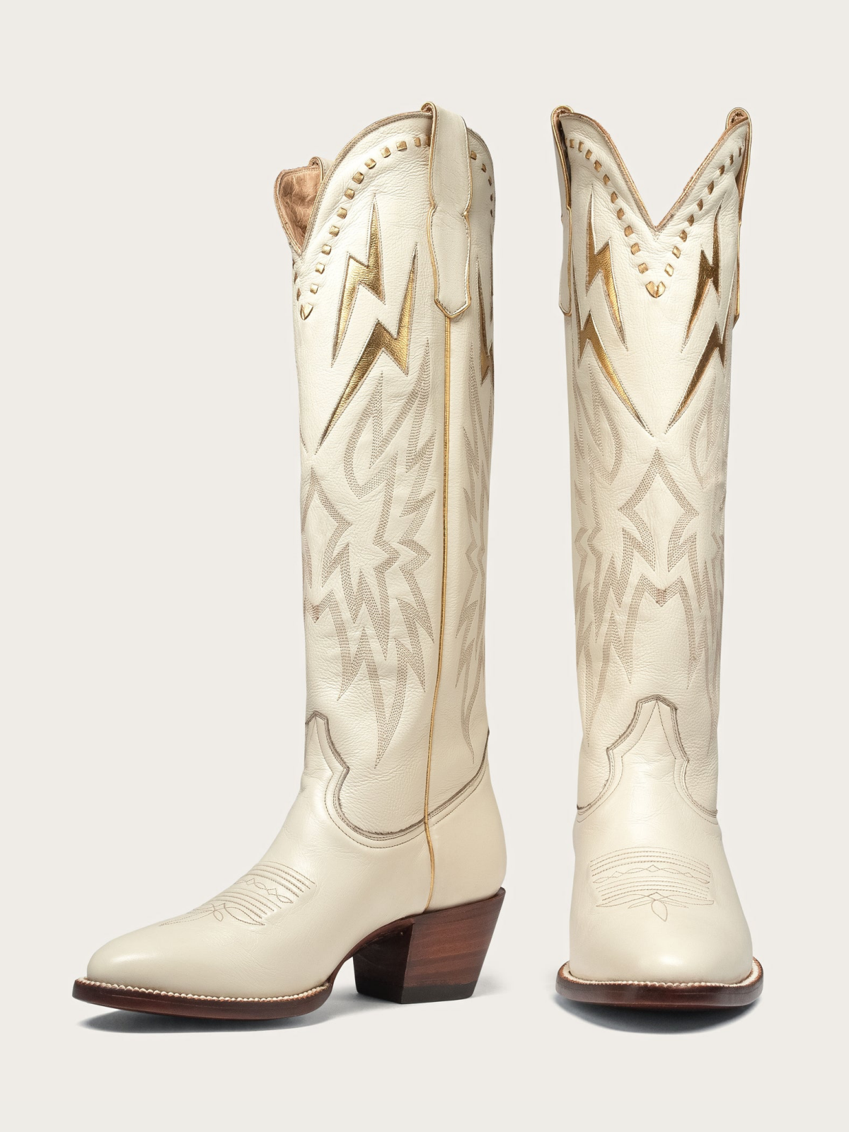 Metallic Gold Lightning Inlay Stitch Embroidery Almond-Toe Wide Mid Calf Tall Cowgirl Boots - Bone