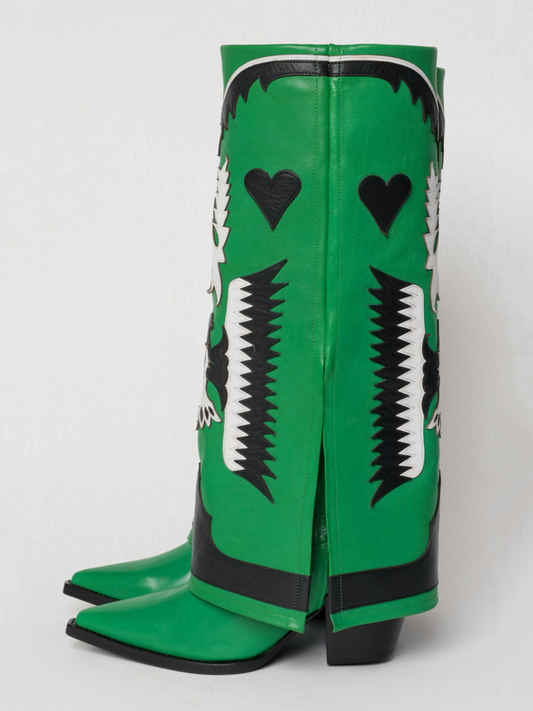 Fold-Over Panel Eagle And Heart Applique Snip-Toe Wide Mid Calf Boots - Green